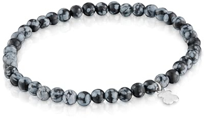TOUS Pulsera Elástica Gris con Motivo de Oso en Plata de Primera Ley para Mujer, 16.5cm de Largo, Colección Basics