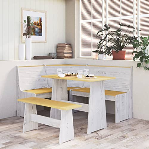 Owoxanthellate Gruppo di panchina angolare puro marrone miele bianco legno massello di pino, 3 pezzi, 151 x 118,5 x 85 cm, montaggio a sinistra/destra, piccola cucina, sala da pranzo