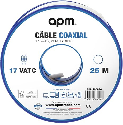 APM Bobine Câble Coaxial 17 VATC, 25M, Blindage Haute Qualité, Couleur Blanche, Compatible TV, Satellite, TNT, Parabole, Fréquences HF/VHF/UHF 408024