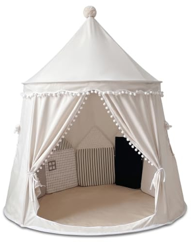 Teepee tält för barn, hopfällbart lektält inomhus, bärbart lekhus med fönster och knytgardin, ljusbeige