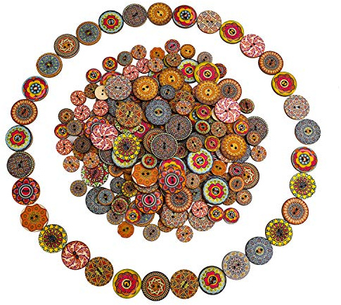 ISIYINER Pomello da cucito in legno, 200 pezzi, misto, pulsante casuale, pittura di fiori, forme rotonde, bottoni con 2 fori per fai da te, 15 mm 25 mm