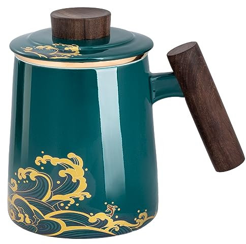 DISDADA Teetasse mit Deckel und Sieb, Große Keramik Teebecher, Losen Tee Oder Beutel tasse mit Sieb Henkel, für liefern Familie Freunde Geschenk (Dark Green Waves)
