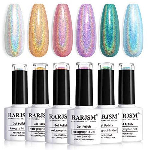 RARJSM Holographic Gel Nail Polishes Set,Sliver Rose Gold Blue Green Purple Nail Gel Polishes,Holo Glitter Gel Polish Kit,6pcs with Gift Box 7.5ML Nail Varnish Curing Rqiures French Manicure