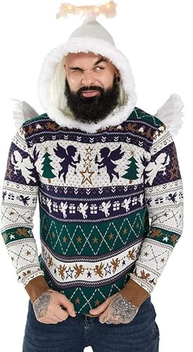 Suéter feo de Navidad, divertido suéter de punto de Navidad con capucha para hombres con renos elfos y árbol de cristismas, sudadera unisex festiva, para fiesta, Charlie's Christmas Angel, M