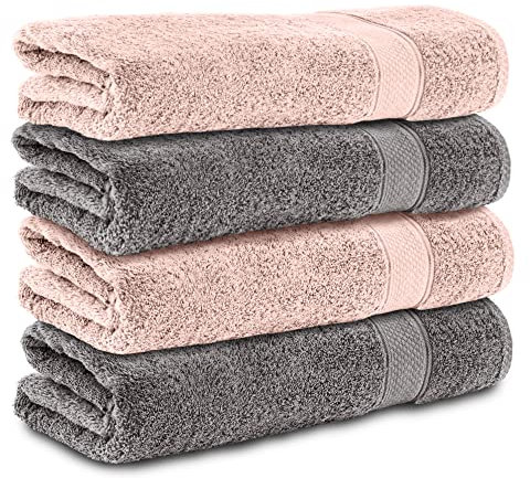 Komfortec 4er Handtücher 50x100 cm Set aus 100% Baumwolle, Frottee, Weich, Anthrazit Grau/Rosa