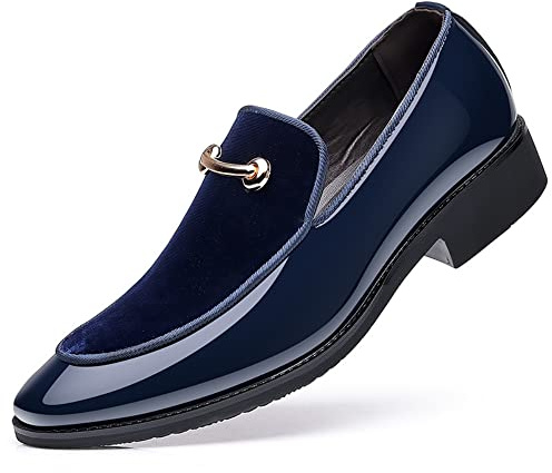 Fenlogft Men's Velvet Patent Leather Slip-on Dress Shoes Business and Parties Formal Events Smoking Slippers Loafers (Velvet Blue,10)