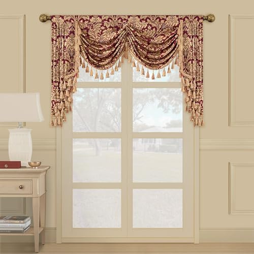 TOPLUXE Swag Valance for Windows, Classic Waterfall Valance with Tassels, Short Curtain for Bedroom Living Room Kitchen (Width 150cm, Red & Yellow)