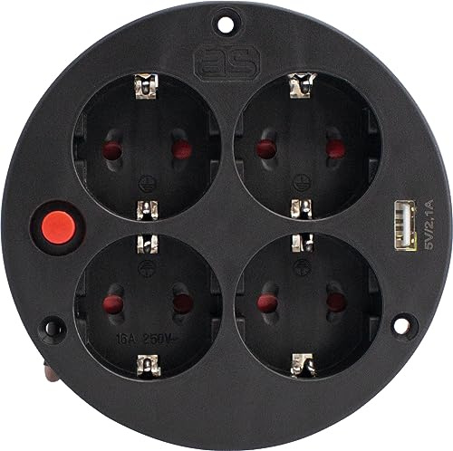 as - Schwabe inserto presa per avvolgicavo, 4 prese con terra, porta USB, uso interno IP20, interruttore termico, 230 V 16 A