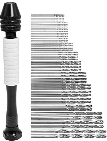 Saipor Perceuse à Main avec 48 Micro Forets Hélicoïdaux Twist Drill Bits Precision Mini Perceuse à Main Mini Outil Rotatif pour Noyer, Ambre, Olive, Nut, Bijoux (0,5-3,0mm)