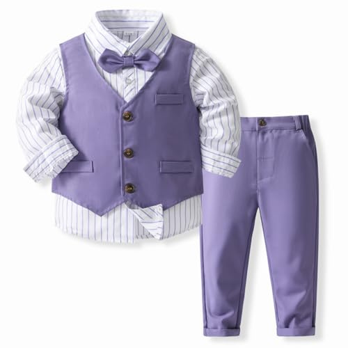 IMEKIS Ensemble 4 pièces pour bébé garçon - Costume gentleman formel - Pour anniversaire, mariage, baptême, smoking - Chemise boutonnée - Pantalon + gilet et nœud papillon, lilas, 18-24 mois