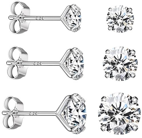 LuLiyLdJ 3 Paar Diamant-Ohrringe für Damen und Herren - 4, 5, 6 mm, Hypoallergen, Silber