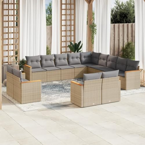 Rantry 13-TLG. Gartenmöbel Set mit Kissen Gartensofa Balkonmöbel Gartenlounge Rattansofa Loungesofa Modular Ecksofa Ecklounge Sofagarnitur Sitzgruppe Loungemöbel Beige Poly Rattan