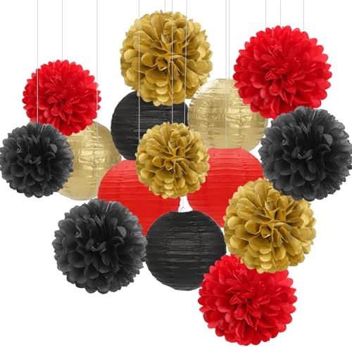 Röd-svart guld festdekorationer pappersblommor lyktor – 15 st kasinotema examen vävnad pomponger streamers, spelnatt kvinnor män födelsedag bröllop ungkarl hängande tillbehör dekor Hugfond