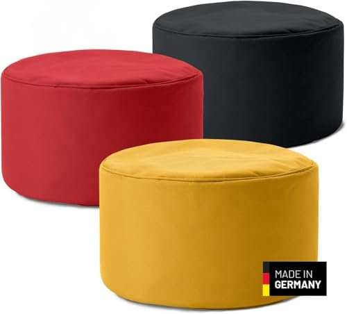 Lumaland 3er Set Schwarz + Rot + Gold | je 1 schwarzer, roter & gelber Pouf | 3in1: Sitzsack, Hocker & Tischchen für in- & Outdoor