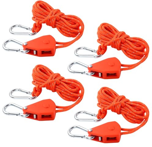 wadafen 4Pcs Reflective Tent Guy Ropes, 4m Ratchet Guy Ropes with Pulley, 1/8 Inch Heavy Duty Rope Ratchet, Eflective Cord Tent Guide Rope for Camping, Hiking (Orange)