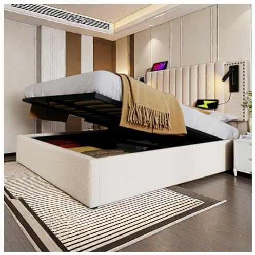 Sapgaks Lit capitonné 180x200cm, tête de lit Design Rivet avec Fonction de Chargement USB et liseuse, avec Coffre de lit à Rangement hydraulique, matière Coton, Beige (Matelas Non Inclus)