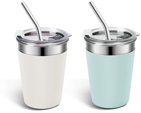 Ymmy Sam 2pcs Stainless Steel Cups with Lid and Straw,12oz Spill-proof Kids Tumblers, with Stainless Steel Straws Unbreakable Metal Cups with Heat-insulated Sleeves for Cold and Hot drinks