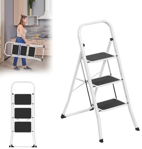 LARS360 Scala pieghevole a 3 livelli, in acciaio con gradini antiscivolo, portata 150 kg, pieghevole, per casa, cucina, ufficio, salvaspazio, solo 5 cm (nero + bianco)
