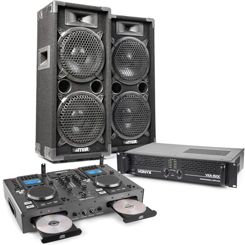 MAX28 Dual 8 DJ PA Speaker System with Amplifier, Mixer, Bluetooth, CD/USB, Full Cables – Complete 1500W Home & Mobile DJ Setup, Bedroom Party Events Kit
