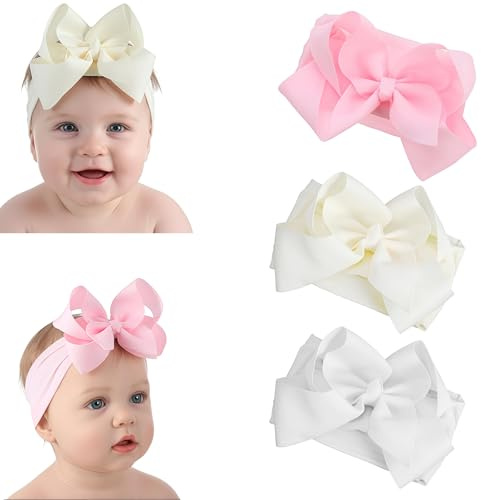 Zosutetoxo 3stück Conjunto de Diademas para Bebé Niña: Diadema Elástica Suave en Blanco, Marfil y Rosa, Accesorios para Bebés y Niños Pequeños