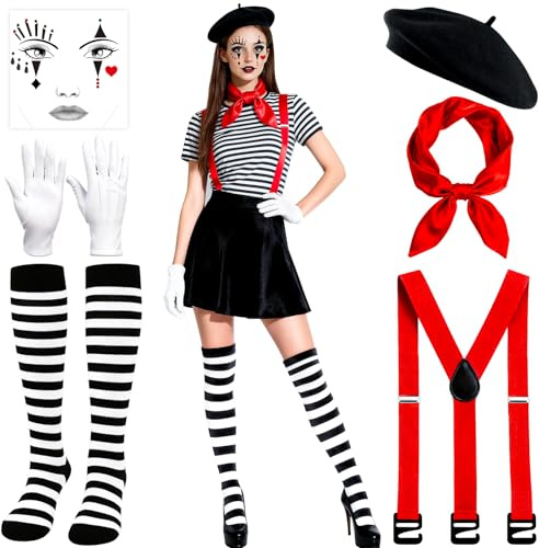 Helixor Disfraz Mimo Mujer Carnaval - 6 Piezas Accesorios Disfraces Mujer con Boina, Bufandas, Guantes, Tatuaje Facial, Tirantes Ajustables y Calcetines a Rayas para Carnaval Halloween Cosplay