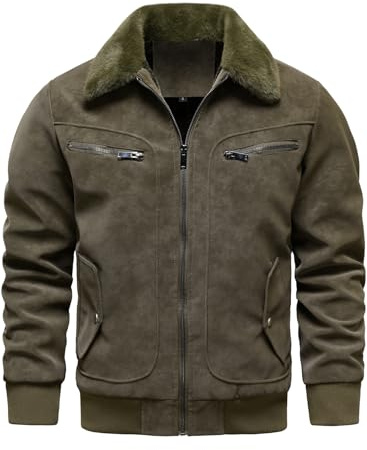HOOD CREW Men’s Faux Fur Flight Bomber Jacket Vintage Winter Coats Fleece Lined Leather Jackets Green L