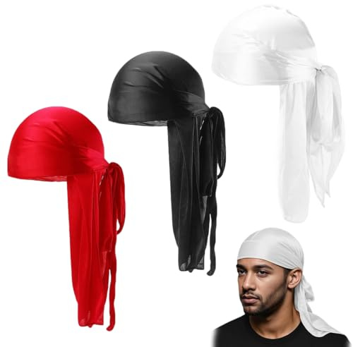 3 diademas largas unisex estilo durag para hip hop, protección solar, colores: rojo, negro, blanco.