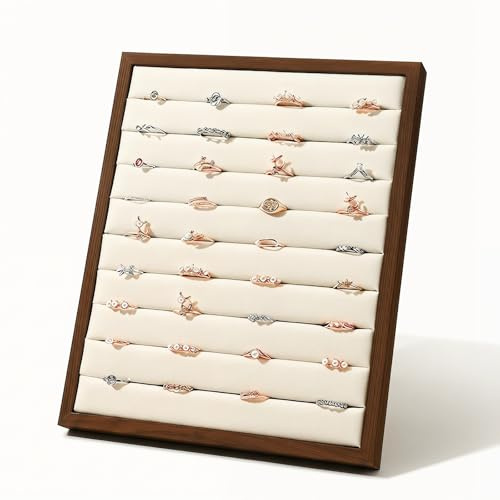 MHYMX Ring Display Tray Wooden Earring Storage Organiser with Velvet 10 Slots Stud Earring Holder Jewellery Display Stand for Home or Store Selling