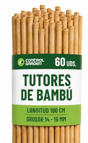 CONTROL GARDEN 60 Tutores de Bambu para Plantas 180 cm Grosor 14-16 cm | Cañas Estacas Natural para Tomateras, Enredaderas y Sujetar Cultivos | Varas Resistentes Huerto y Jardin