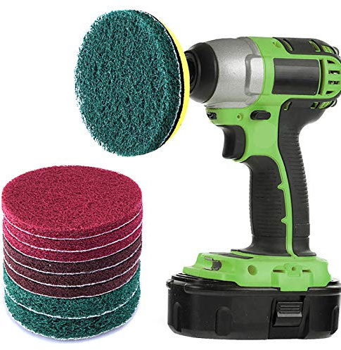 SIQUK 9 Pieces Scrub Pads 4 Inches Drill Power Brush Tile Scrubber Scouring Pads Cleaning Kit Including 3 Kinds of Abrasive Buffing Pads Replacement and 1 Pc Hook Attachment for House Cleaning