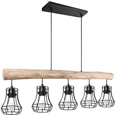 Pendelleuchte, Hängelampe aus Metall/Holz in Schwarz/rustikal natürliche Farbe, 5-flammig, 5x E27 max. 40 Watt, moderne Hängeleuchte geeignet für LED Leuchtmittel