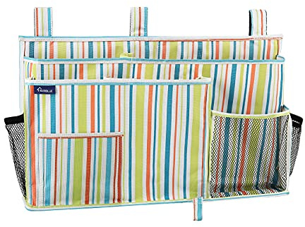 Surblue Bedside Caddy Hanging Bed Organizer Storage Bag Pocket for Bunk and Hospital Beds, College Dorm Rooms Baby Bed Rails, Camp 8 Pockets, (Large, Green Stripe)