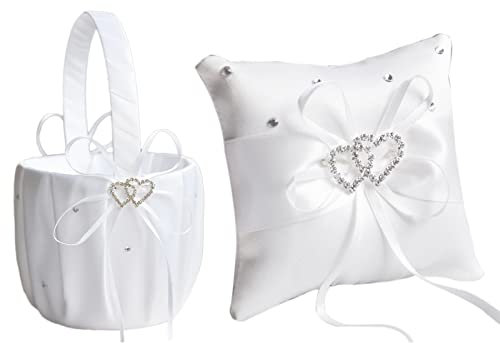 WERTSWF Ringkissen für Hochzeitsringe und Blumenmädchen-Korb, Strass, weiße Satinblüten, Korb, Ringkissen für Antrag, Verlobungszeremonie