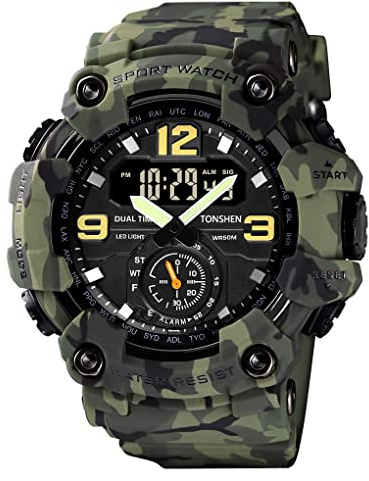TONSHEN Homme Digitale Sport Montre LED Analogique Quartz Trois Temps 50M Etanche Outdoor Militaire Multifonctionnelnel Plastique Caisse et Caoutchouc Ruban Montres Bracelet