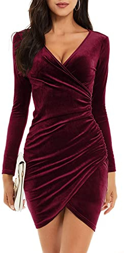 CheChury Vestido Fiesta Mujer Ccuello en V Manga Larga Elegante Vestido de Trabajo Terciopelo Informal Bodycon Sexy Mini Vestido Fiesta Vestido Invierno de cóctel con Pliegues Nochevieja