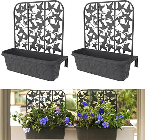 GarPet 2X Balkonkasten 60 cm mit Spalier für Kletterpflanzen Blumenkasten Geländerkasten Rattan Optik Balkon Geländer Kasten Halterung Wasserspeicher Anthrazit