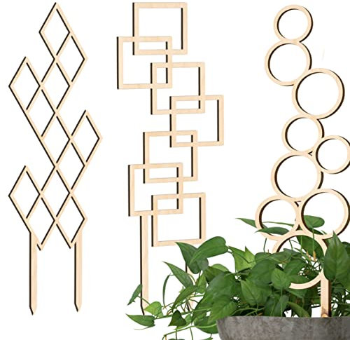 Decorify 3 Pezzi Supporto per Piante da Appartamento - Traliccio in Legno Spessore 6 mm - Supporto per Piante Rampicanti in Vaso - 39/41/40,5 cm - Bubble/Diamond/Frame - Colore Naturale