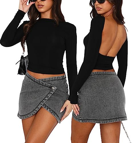 Carolilly Women's Slim Fit Crop Tops Casual Solid Color Crew Neck Long Sleeve Backless T Shirt Pullovers Fitted Crop Sexy Basic Streetwear Clubwear Party (Black, S)