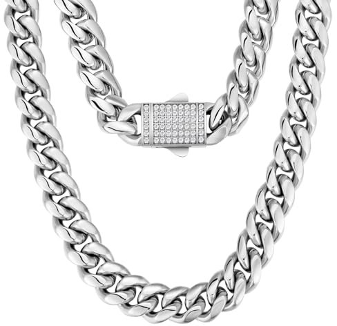 KRKC&CO 12mm Herren Panzerkette mit Iced Out Verschluss, Weißgold plattiert Cuban Link Chain, Edelstahl Miami Kubanische Gliederkette Silberkette, Hip Hop Halskette für Männer Jungen [Größe 50,8cm]