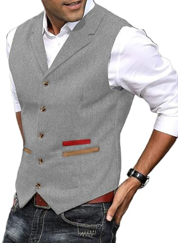 Yiaisafa Chaleco para hombre negro con hueso de arenque Tweed Gilet Jaged Lana Notch Retro Chalecos Vintage Boda Novio Casual, plata, M