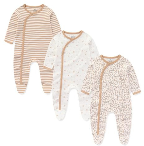 Ecojoy Lot de 3 grenouillères pour nouveau-né - Manches longues - Bouton pression - Pyjama avec pieds - En coton - Pour garçons et filles