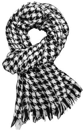 Tainrunse Gemusterter Schal für Damen, schwarz-weiß, Herbst-Winter-Schal, schwarz-weiß, kariert, Quastenbesatz, dicker, warmer Schal, Schwarz , S