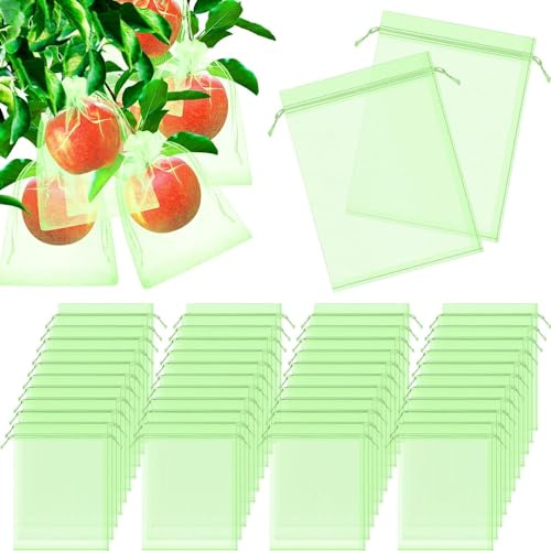 50 Pcs Fruit Protection Bags, Fruit Netting Bags, 6 x 8 Inch, Fruits Net with Drawstring, Penetrating Light Fruits Bag, Garden Plant Protect Net for Plant Flower Vegetable (Green)