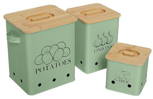 Gdfjiy Kitchen Canisters Set, Storage Bin for Potato Onion & Garlic, 3 Pack Set Countertop Pots Containers with Wooden Lid - Potato Storage, Garlic Bin, Onion Keeper Tin with Aerating Holes-Green