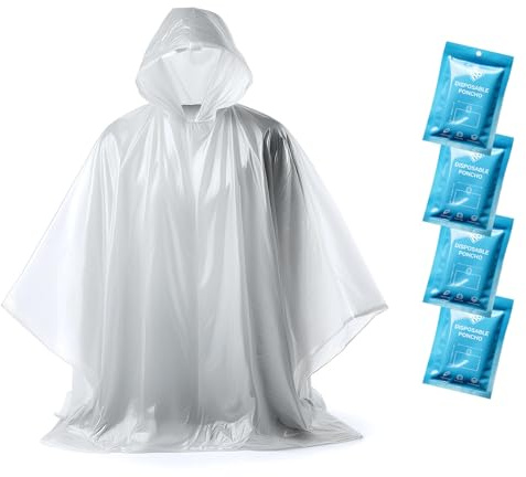 ZENO Rain Poncho Waterproof Adult - Festival Poncho - Waterproof, Disposable, Clear with Hood - Emergency Rain coat for Hiking, Cycling, Camping, Concert - Pack of 4