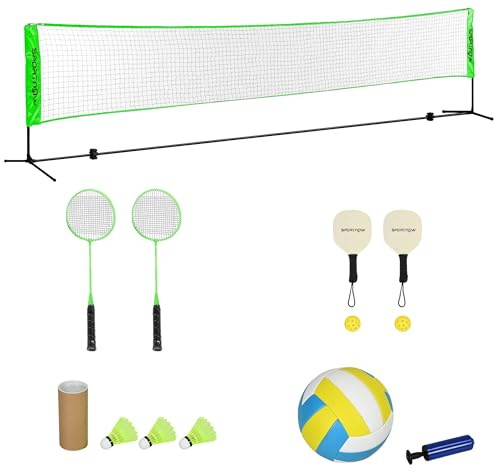 SPORTNOW Set de Bádminton de 7 Piezas Juego de Bádminton con 2 Raquetas de Bádminton 3 Bádminton 2 Raquetas de Pickleball 2 Pickleball Pelota de Voleibol y Red con Soporte Negro y Verde