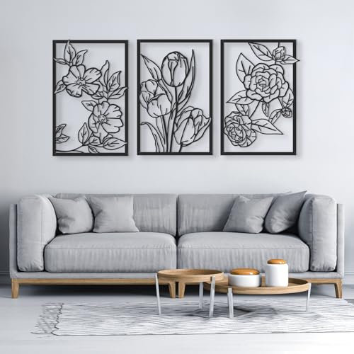 QUMENEY 3 Stück Schwarz Metall Blume Wanddekoration Wand Ornamente Floral Art Line Hanging Eisen Wandskulptur für Haus Schlafzimmer Büro Küche Wohnzimmer