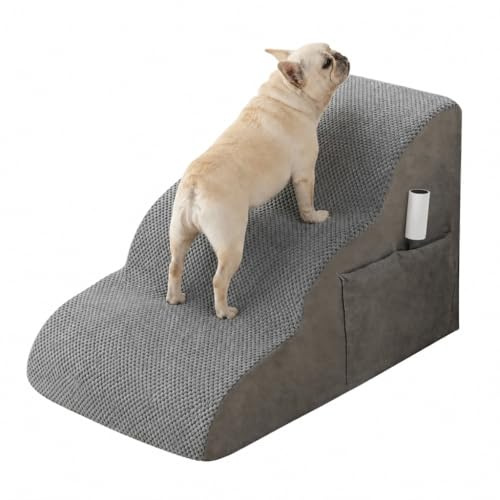 FURRYPAWS Dog Steps for Bed and Sofa, 3-Step Non-Slip Dog Stairs, High Density Foam Pet Stairs for Small，Senior Dogs, Dog Ramp for Sofa with Washable Cover, 60×40×40cm，with bonus lint roller
