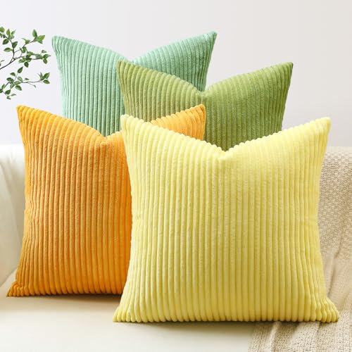 JOTOM 4er Set Cord Kissenbezüge Kissenhülle Dekorative Zierkissen Couchkissen Sofakissen Dekokissen Kordsamt Kissenbezug Deko Kissenhülle für Sofa Wohnzimmer (40x40cm, Gelb Grün)