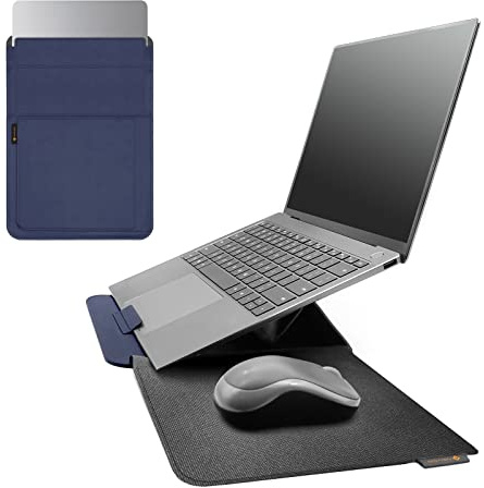 NOVOO 4 in 1 Custodia per Laptop, Custodia in Pelle Impermeabile con Copertura Magnetica, Supporto per Laptop, Slot per Schede, Tappetino per Mouse, Compatibile con MacBook Air/Pro 14, Blue